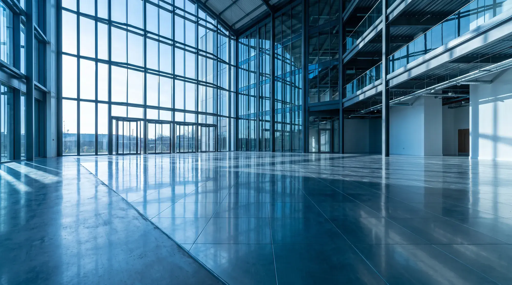 A vast, freshly finished new-build atrium with a mirror-clean floor